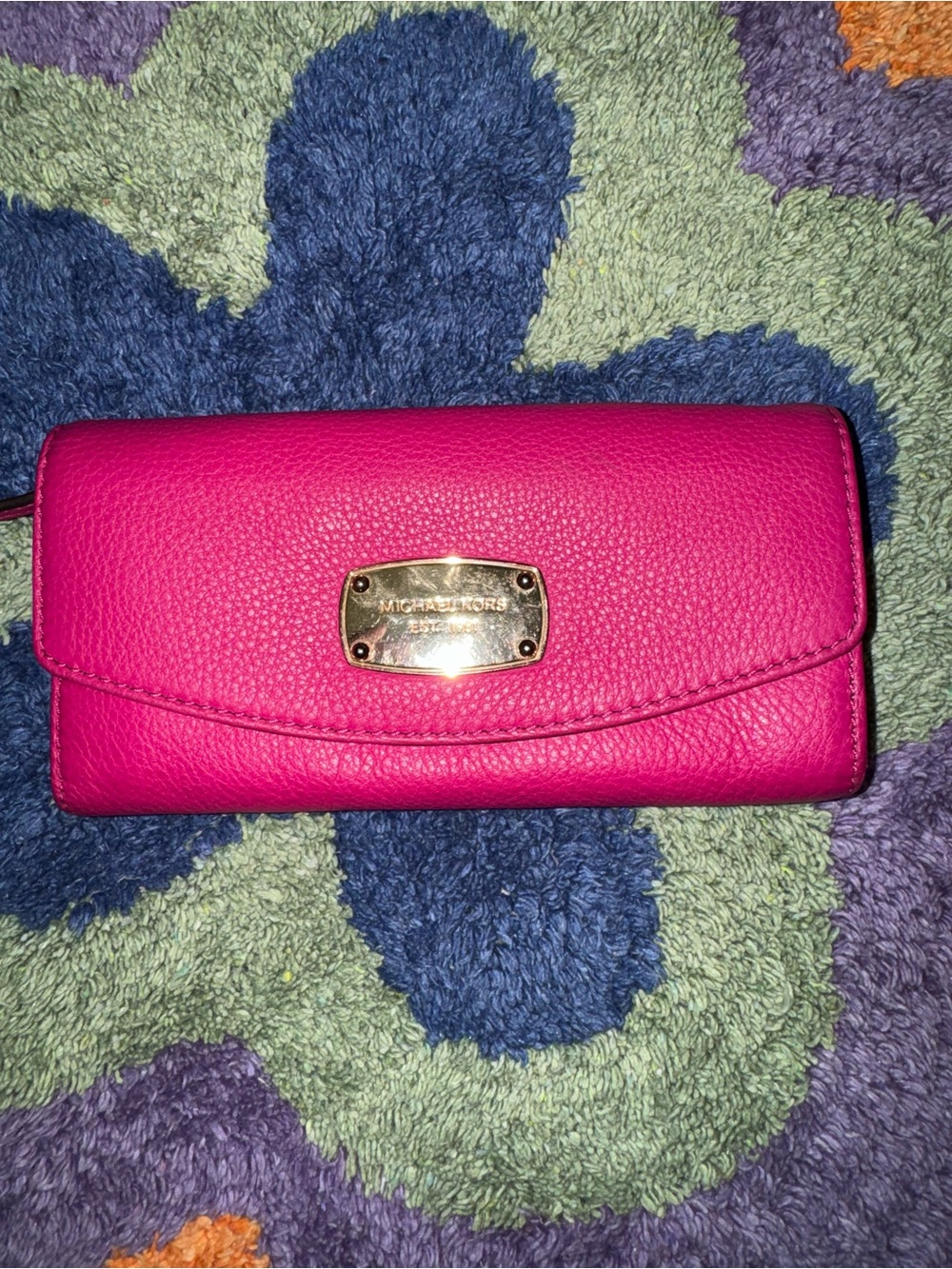 Michael Kors Fuchsia Leather Flap Wallet with Gold Plaque